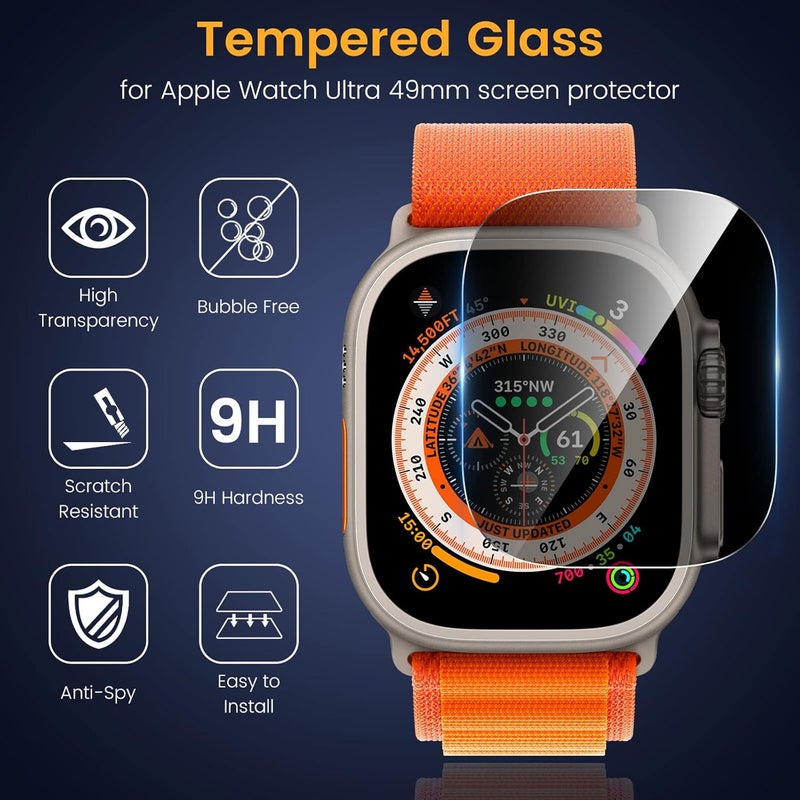 EWUONU [3 Pack Privacy Screen Protector for Apple Watch Ultra 3 49mm Accessories, Anti-peep Tempered Glass Screen Protector Scratch Resistant Waterproof Anti-Spy Cover for iwatch Ultra 3/2/Ultra - Image 2
